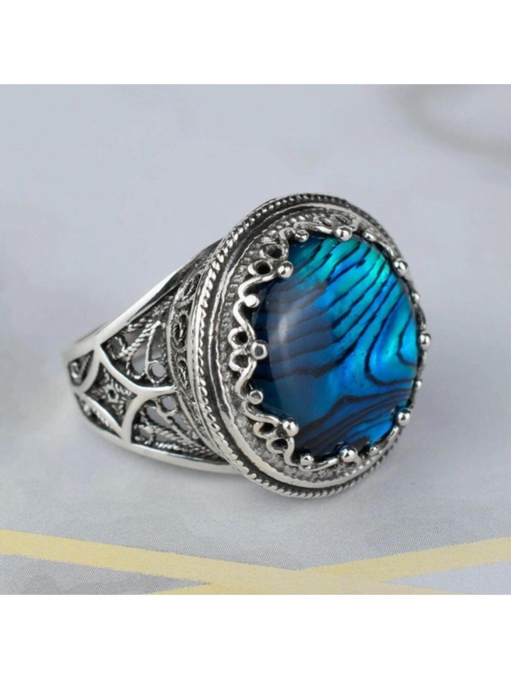 Filigree Art Blue Abalone Gemstone Women Sterling Silver Statement Ring